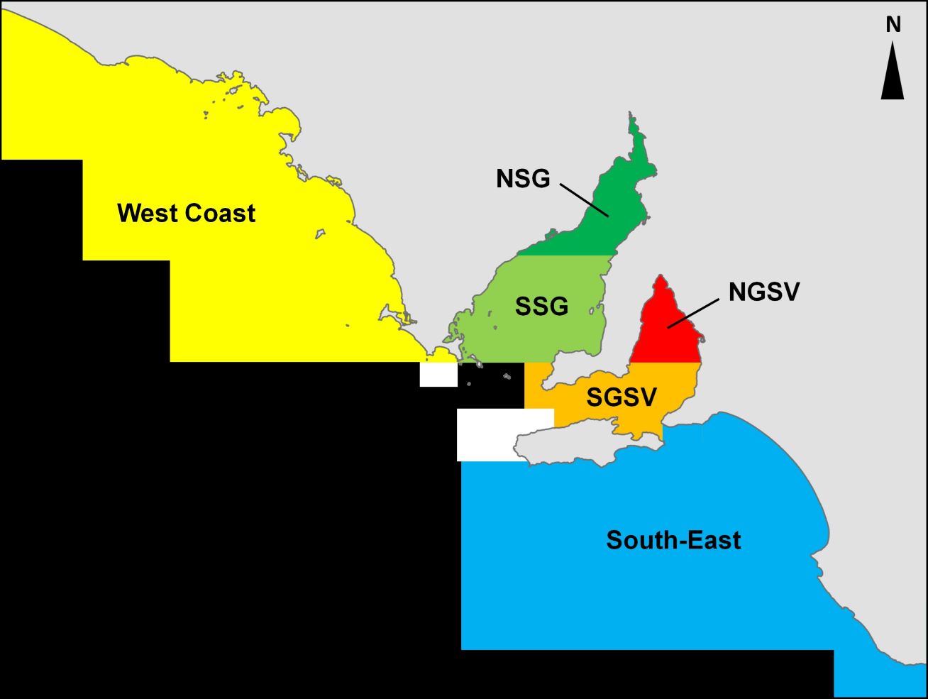 Map showing the 6 regional Snapper populations in South Australia