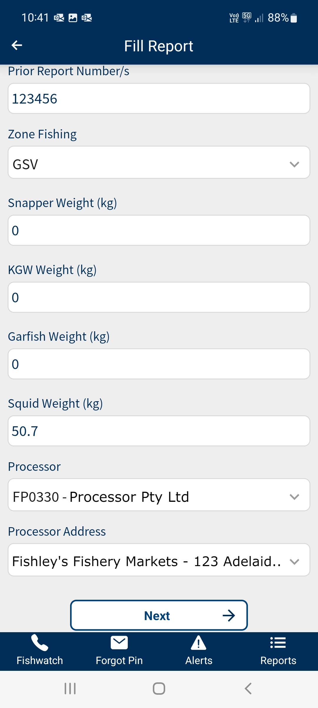 Screen showing fields to report including weights.
