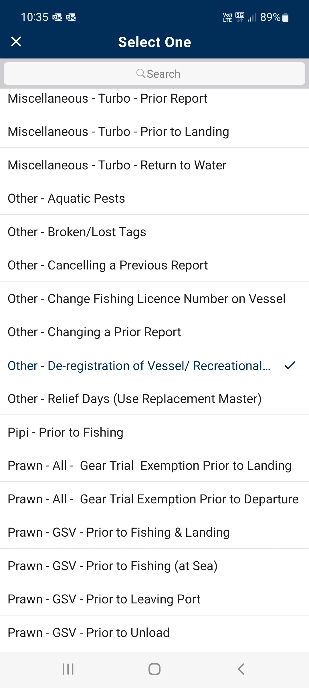 Screen capture of selecting De-registration of Vessel report in the app.