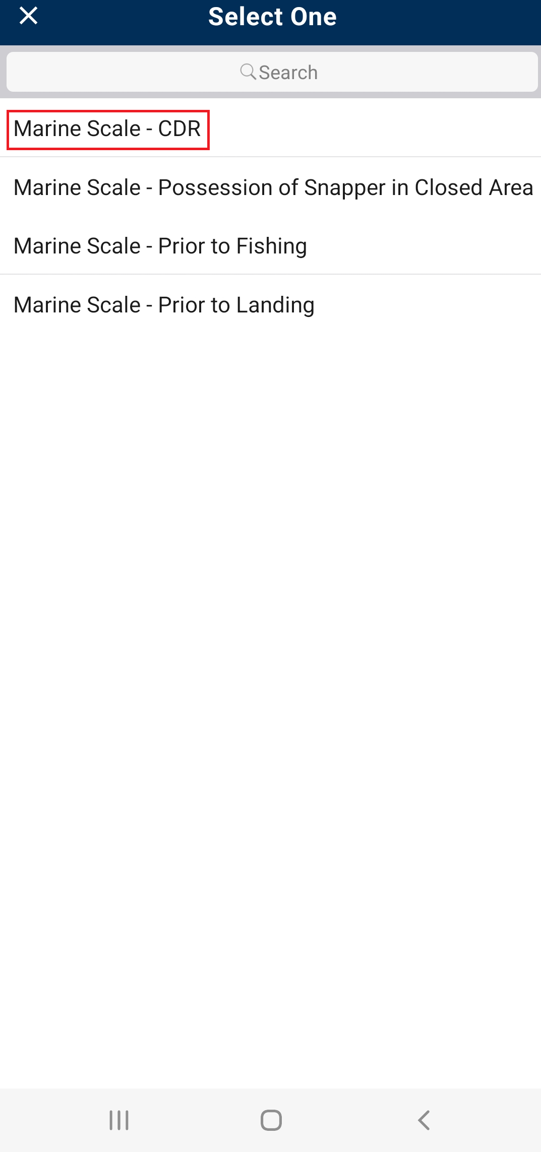 A screen showing a list of reports with a red box around Marine Scale - CDR