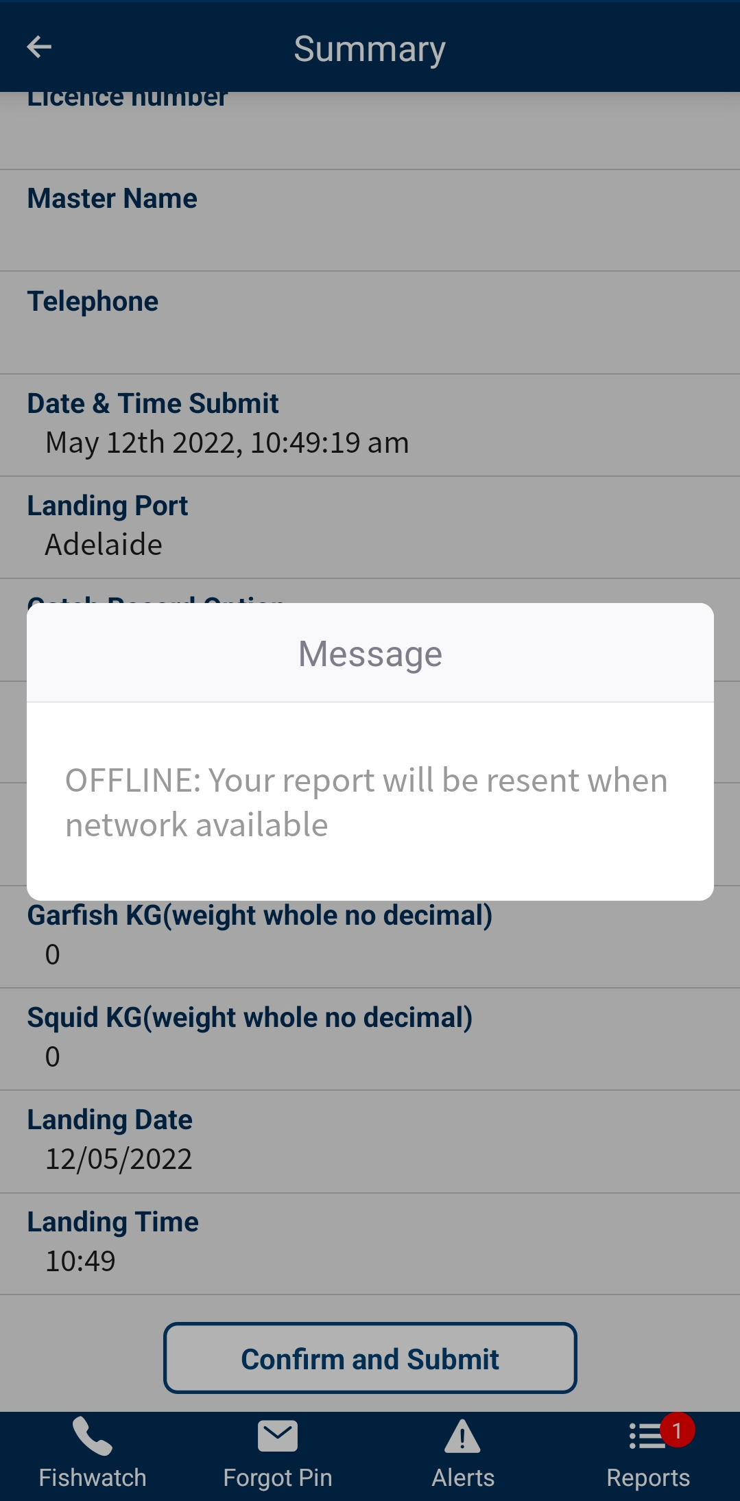 A capture from the app showing a report in the background and an alert message which reads: Message. Offline: Your report will be resent when network available.