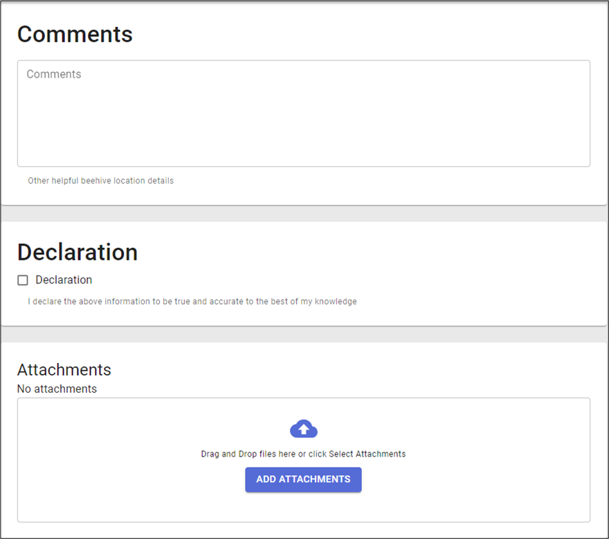 A screen capture of the form showing the comments, declaration and attachments sections.