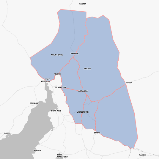 A map of South Australia with an area marked stretching from near Cadnia in the north, beyond Port Augusta in the west, to Burra and near Ramco in the south, and Yunta in the east.