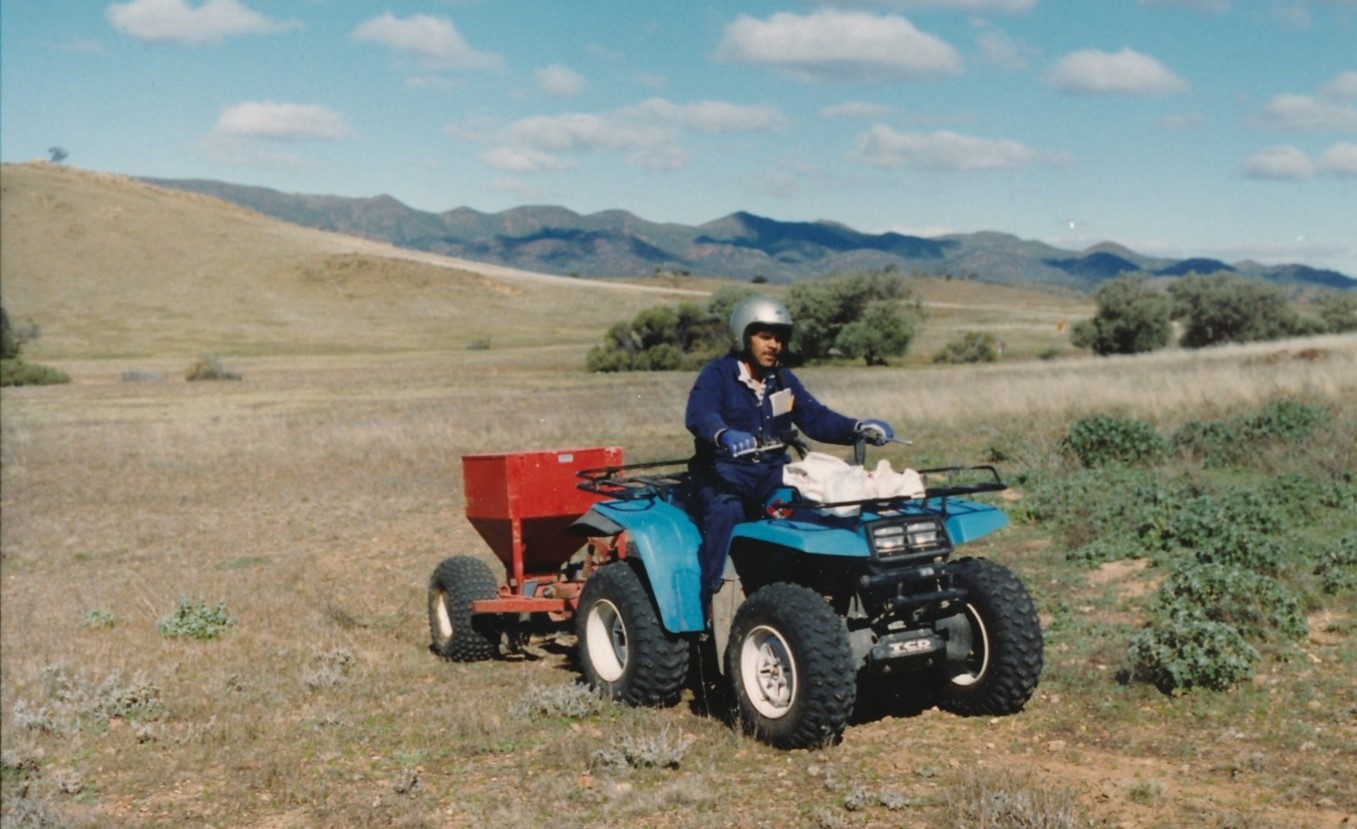 Man on a quad bike equipped with baitlayer in the Flinders Ranges 1990
