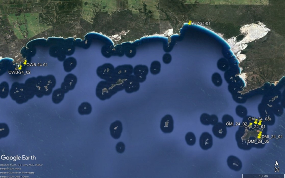 Google Map aerial showing locations of attempted vibrocoring