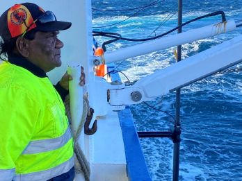 Uncle Henry, Senior Cultural Advisor, Esperance Tjaltjraak, on seafloor mapping survey work aboard the MV Ngerin