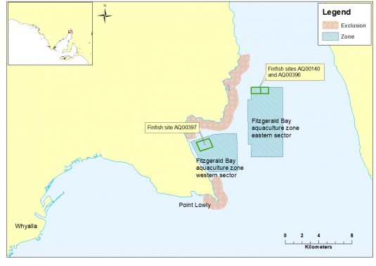 Map showing 2 locations Fitzgerald Bay aquaculture zones, north east of  Point Lowly near Eyre Peninsula. Finfish site AQ00397 is the western sector, finfish sites AQ00140 and AQ00396 are in the eastern sector.