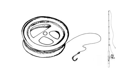 A hand reel on the left and fishing rod on the right