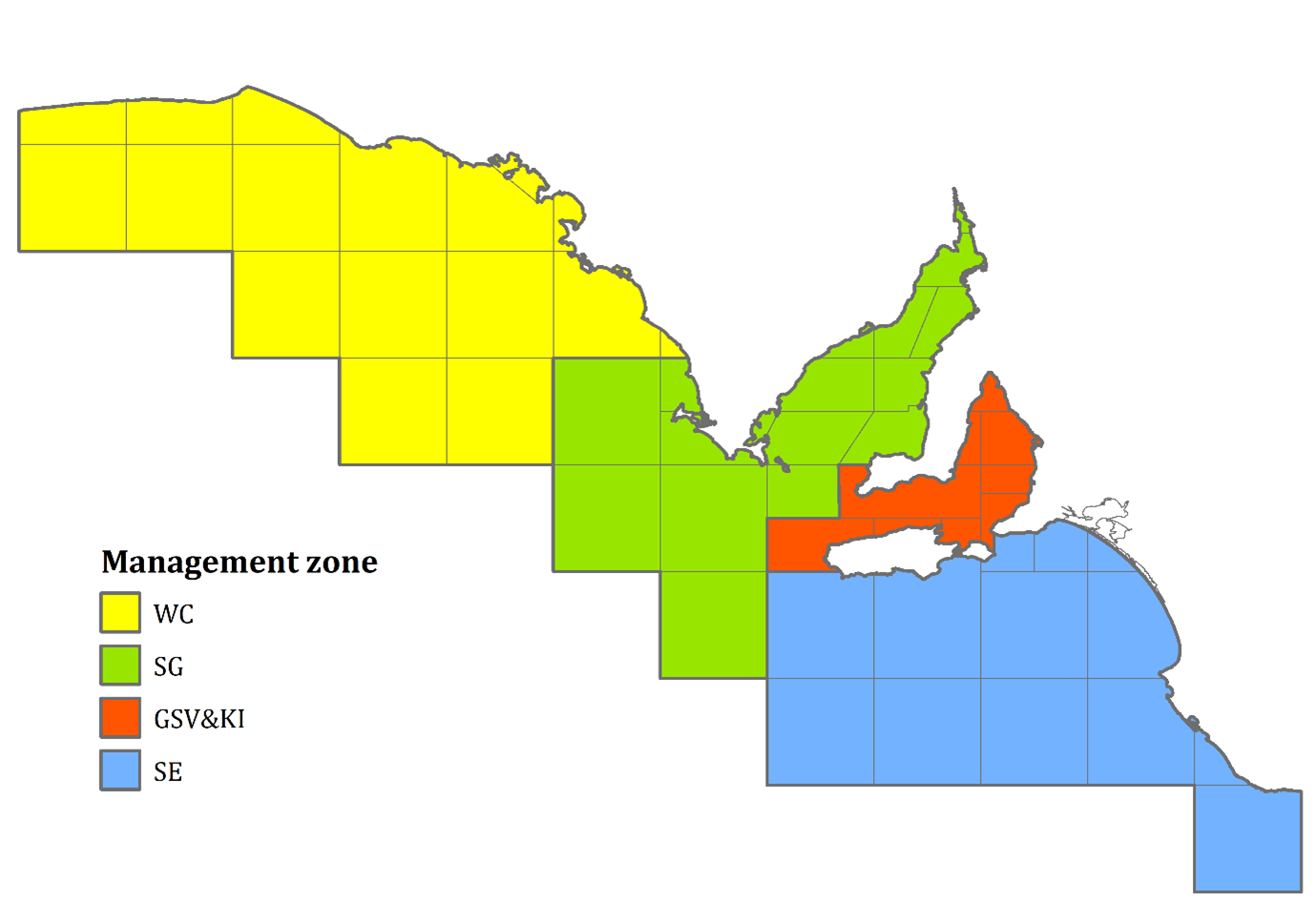Map showing the coastline of South Australia with coloured areas showing the: West Coast Zone, Spencer Gulf Zone, Gulf St Vincent and Kangaroo Island Zone, and the South East Zone.