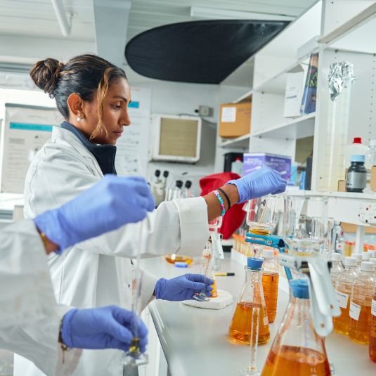 A woman in a white coat standing at a bench covered in beakers filled with coloured liquid.