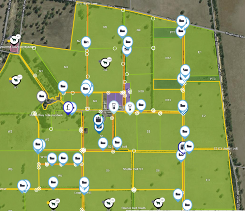 Kybybolite Farm map on AgriWebb with paddocks mapped, infrastructure and stock locations
