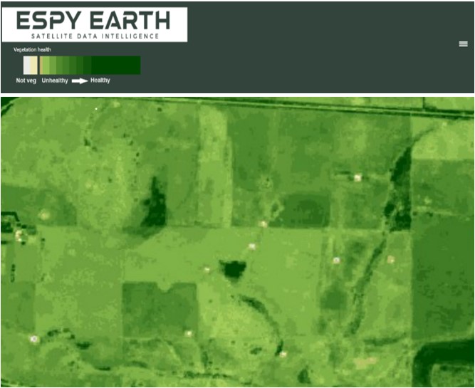 ESpy Earth dashboard showing a satellite image of plant health with the darker green spots showing signs of increased health