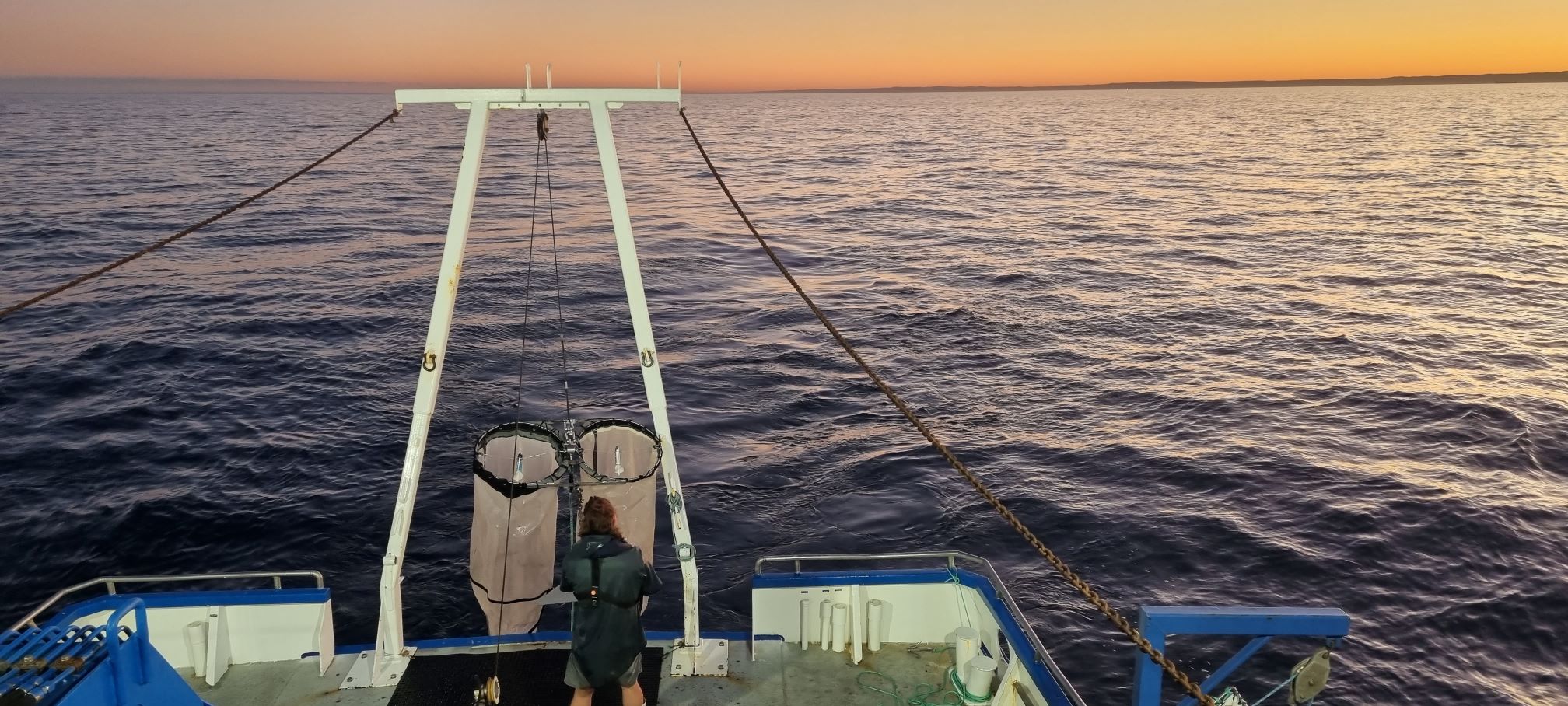 Retrieving the plankton net from an oblique tow.