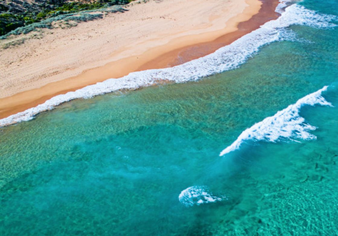 An aerial view of a sandy beach and the water's edge