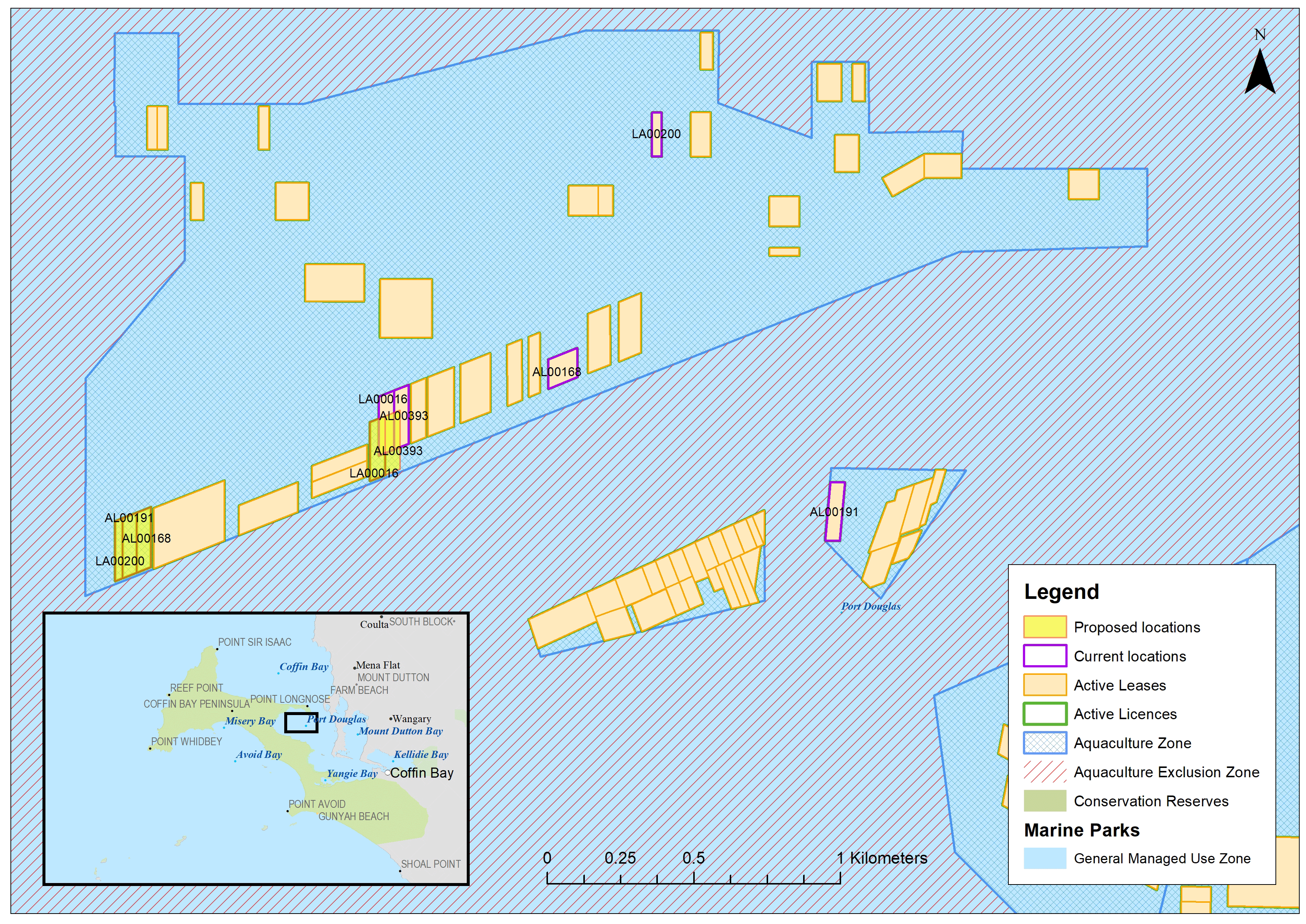 Map showing the areas of proposed changes with an inset map showing the area relative to Coffin Bay.
