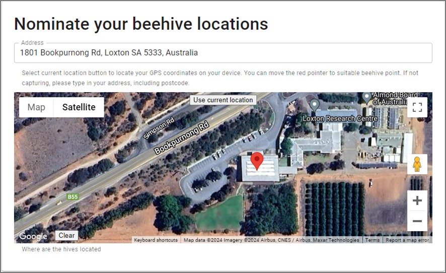 Screen capture of the form showing the satellite view and a marker pin.