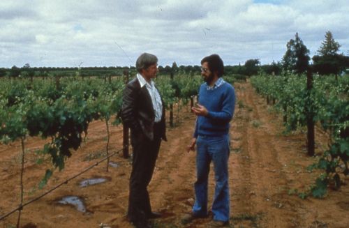 Phil Cole (on right) in one of the first drip irrigated vineyards in the Riverland, circa 1973