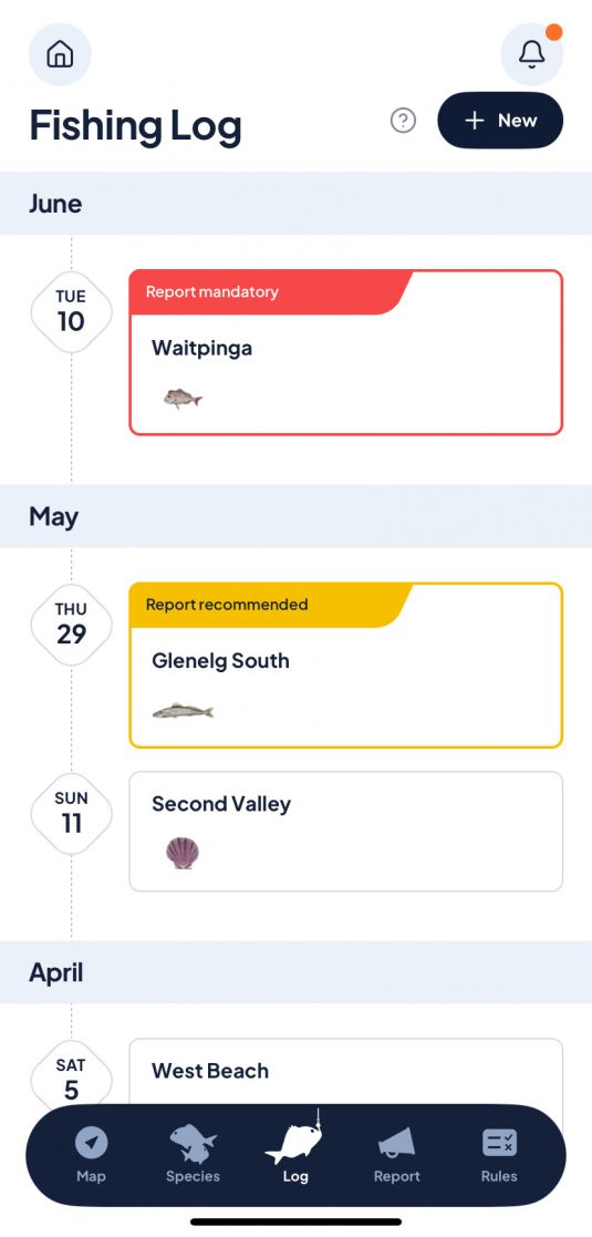 A screenshot of the SA Fishing app's fishing log, showing what one fisherman caught on each day between Tuesday 10 June and April 5.