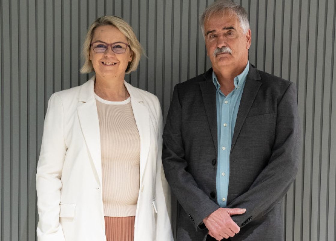 Minister Clare Scriven stands next to the new Director of the Forestry Centre of Excellence, Professor Jeff Morrell