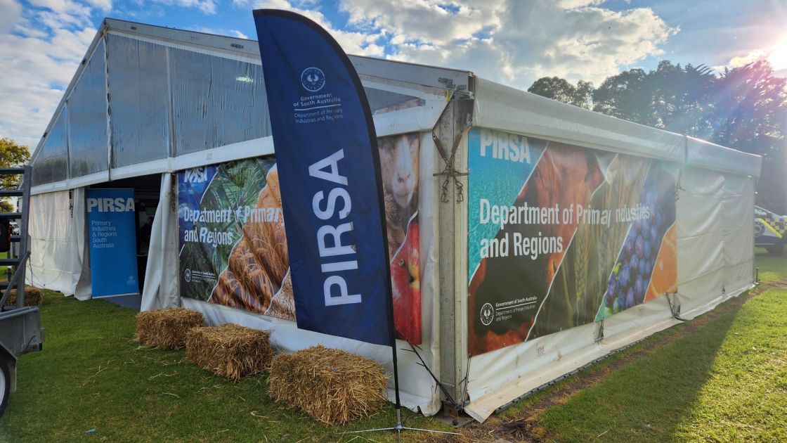 A marquee with PIRSA flags and signs.